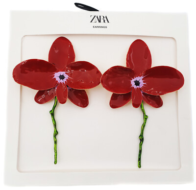 ZARA 1011/208 RED ENAMELED FLOWER EARRINGS Large Dangle Drop
