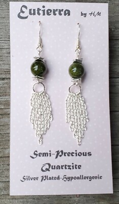 Eutierra Semi-Precious Quartzite Earrings Hand Crafted In USA Silver Plated 3''