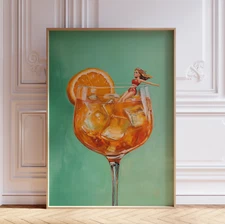 Retro Green and Orange Italian Spritz Cocktail Bar Cart Wall Art Print Poster