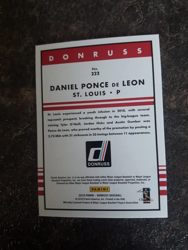 2019 Panini Donruss Rated Rookie Daniel Ponce De Leon RC Card# 222 - Image 2 of 2