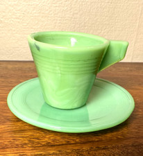 AKRO Agate Child TOY Teacup 2" GREEN MARBLED MILK Glass Cup Plate Ribbed Pattern