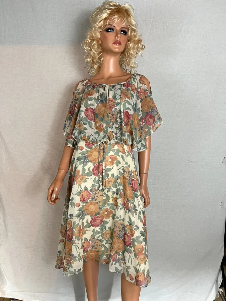 Vestido Columpio Vintage Años 70 Hecho a Mano Asimétrico Crema Floral Manga Campana Abierta Forrado S Foto 2 de 4
