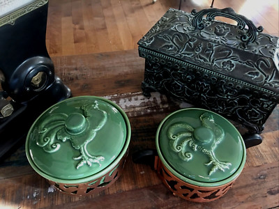 Bauer Pottery Rooster Lid Casseroles 1.5 Qt/2 Qt w/Coppertone Cradles VERY RARE!
