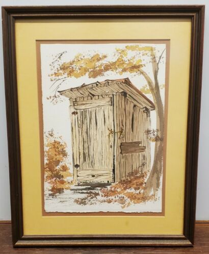 Vintage Watercolor Country Out House - Country Farm Outhouse Bathroom  - Picture 1 of 11