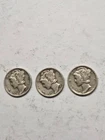 (3) Mercury Dimes Full Split Bands VG  1940 D,   1944 & 1945 No Mint Marks