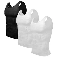 Men's 3 Pack Body Shaper Base Layer Shirt Tummy Shirt, Black/White/White, L