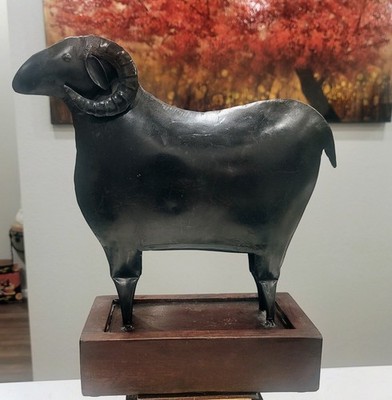 Vintage RAM / BIGHORN SHEEP Metal Folk Art Sculpture on Mahogany Wood Base