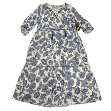 New John Mark Del Mar Dress Blue White Floral Tiered Tassels Size Medium Boho