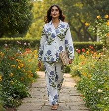 Indian Cotton Blue Pajama Set Hand Block Floral Print Women Nightwear