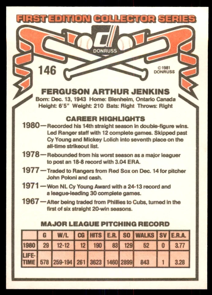 1981 Donruss Baseball Card Ferguson Jenkins A Texas Rangers #146 - Image 2 of 2