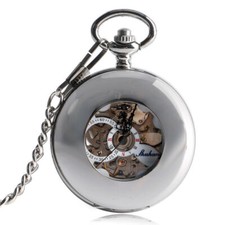 Fashion Silver Automatic Mechanical Smooth Case Pocket Watch Mens Womens Gift
