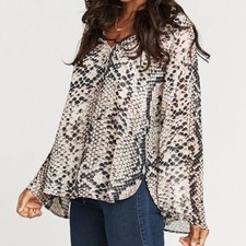 Show Me Your Mumu Snake Python Print Beige Black V Neck Bell Sleeve Blouse S