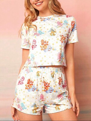 Care Bears T-Shirt & Pajama Shorts Set y2k Kawaii Colorful Cartoon White Rainbow