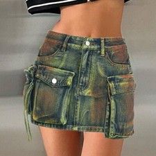 Vintage denim skirt with large pockets and high waisted short wrap hip skirt