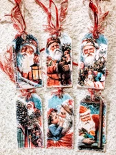 (6) Tags Christmas Vintage Santa~Handmade Hang & Gift Tags~Scrapbooks~573R