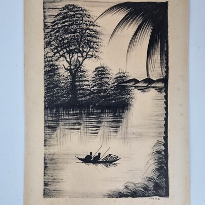 Mikasi signierte Feder Silhouette Studienfiguren im Boot Fluss Landschaft Vintage #1