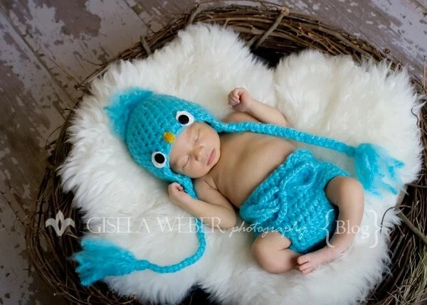 Newborn Baby Photography Photo Props Crochet Hat Pants Outfit Blue Bird Costume