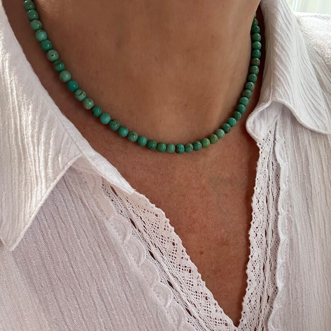 5mm Round Green Blue Arizona Turquoise Beaded Gemstone Choker Layering Necklace