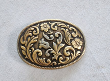 BRASS Cowboy Cowgirl Belt Buckle WESTERN FLORAL made in USA 1970's