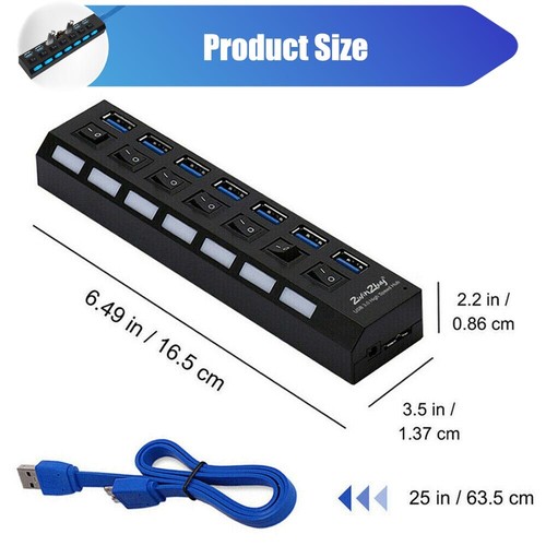 USB Hub 3.0 Powered 7 Port Splitter ON/OFF Switch Adapter Cable fr PC Laptop Mac - Picture 2 of 11