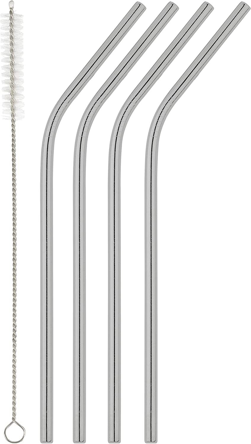 Drinking Straws Set of 4 Stainless Steel Homiu  with Cleaning Brush Reusable