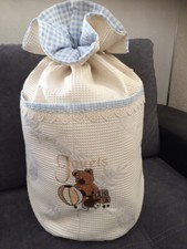 SAC RANGEMENT LINGE BÉBÉ BLEU broderie  jouets ourson écru dentelle neuf