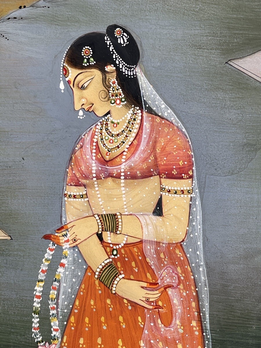 Mughal Indian Gouache Miniature Painting Court Woman Indo