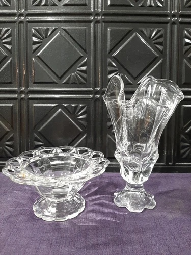 Vintage Fenton Glass Swung Stretch Handkerchief Vase & Imperial Compote Lace Edg