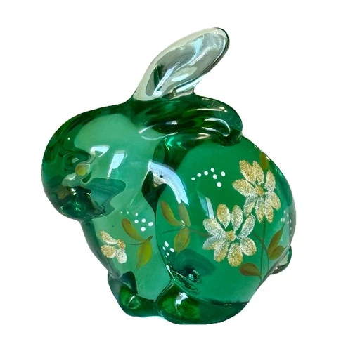 QVC Fenton Glass Bunny Rabbit Figurine - Sea Mist Green - Flowers - Painted