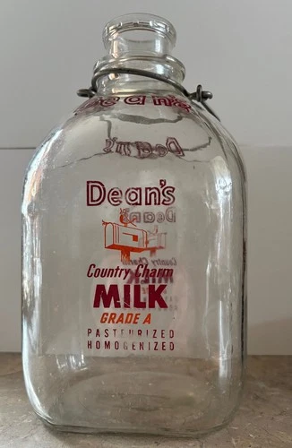 Vintage Dean's Glass Milk Bottle 1 gallon, Country Charm Milk,  Metal Handle