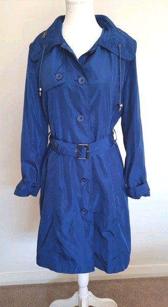 Ping Pong Trench Coat Blue Shower Proof Belted With Zip Out Hood Size 10 Exc Con