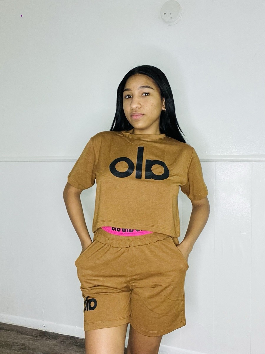 alo Women's Crop Top & Shorts Set, Red Brown Green, Logo Accent