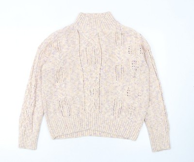 Marks and Spencer Damen Beige Baumwolle Stehkragen Zopfmuster Pullover Größe 14