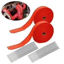 2 Roll 2''X50Ft Exhaust Manifold Red Heat Wrap Tape High Heat Fiberglass+20Ties