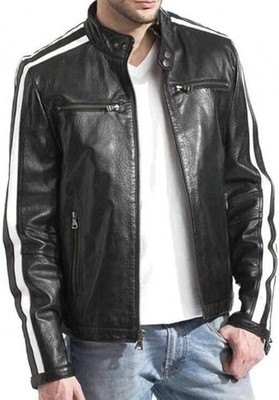 Men Genuine Lambskin Leather Black Jacket Handmade White Strips Stylish Soft Fit