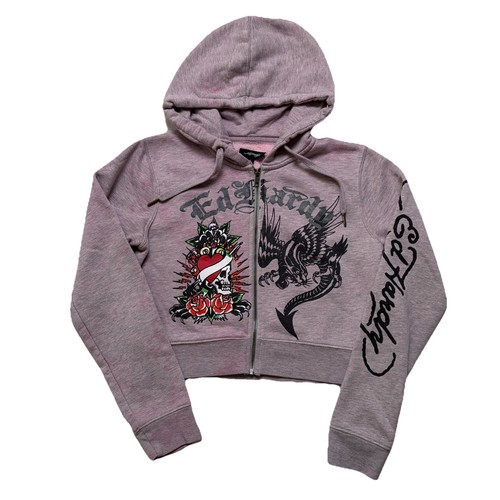 Ed Hardy Women’s Cropped Zip Hoodie Large Grey Pink Stained Y2K Tattoo
