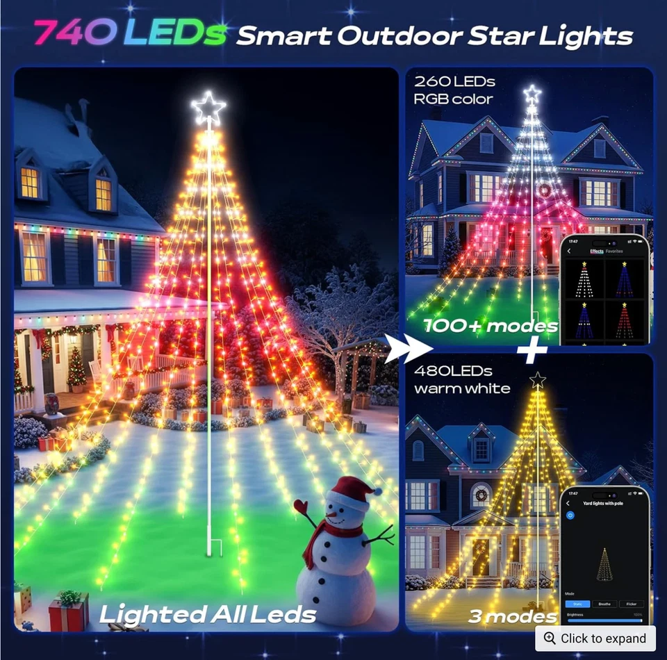 Árbol de Navidad con asta de bandera de 12 pies preiluminado programable RGB luces de hadas decoraciones Foto 3 de 4