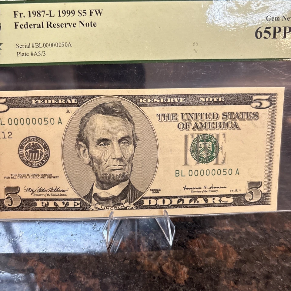 FR#1987-L Series1999$5.00 FW FRN..Serial Number BL00000050A.PCGS 65 pPQ,No Reser - Image 3 of 4