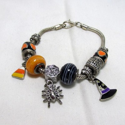 Spooky Halloween 6.5'' Silver Tone Bracelet Bangle Charm Spider Witch Candy Corn