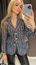 Bnwt Zara Multicoloured Blue Textured Tweed Boucle Gold Buttons Blazer Jacket M