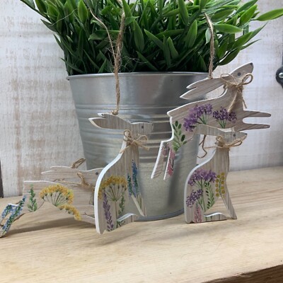 1x Holz Hase Ostern Baumbehang Deko Frühling Wiese Blumen Gisela Graham 