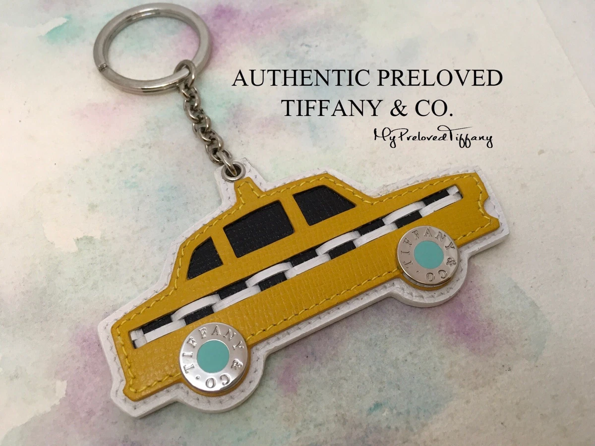 Authentic Tiffany Co Yellow White Leather Taxi Keyring Keychain