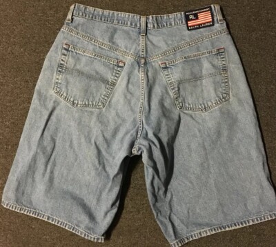 Vtg 90s Polo Ralph Lauren Flag Distressed Jean Shorts 34 Paint Hip Hop Grunge