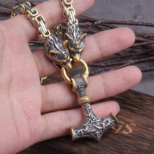 Fenrir Wolf Head Viking Nordic Mjolnir 