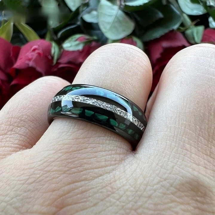 8MM Gold Color Tungsten Carbide Ring Band Meteorite & Malachite Inlay Ring Band - Image 3 of 4