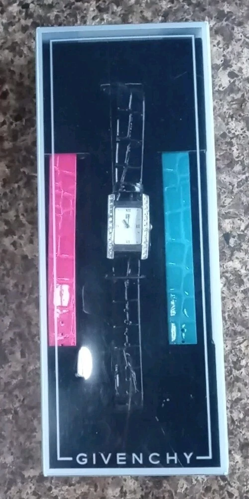 Orologio vintage Givenchy Perfumes anni 90 e 3 cinturini finti coccodrillo blu rosa nero