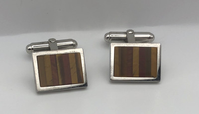 VTG WEH Walter E Hayward Tiger s Eye Inlay Sterling Silver Cufflinks