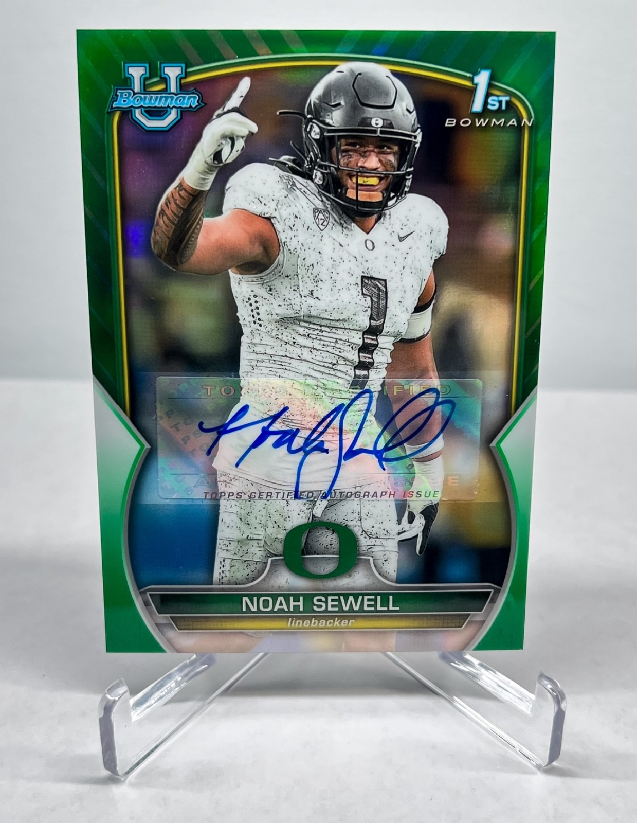 2022 Bowman Chrome U Noah Sewell 1st Green Refractor #57 Auto RC /99 Ducks Bears