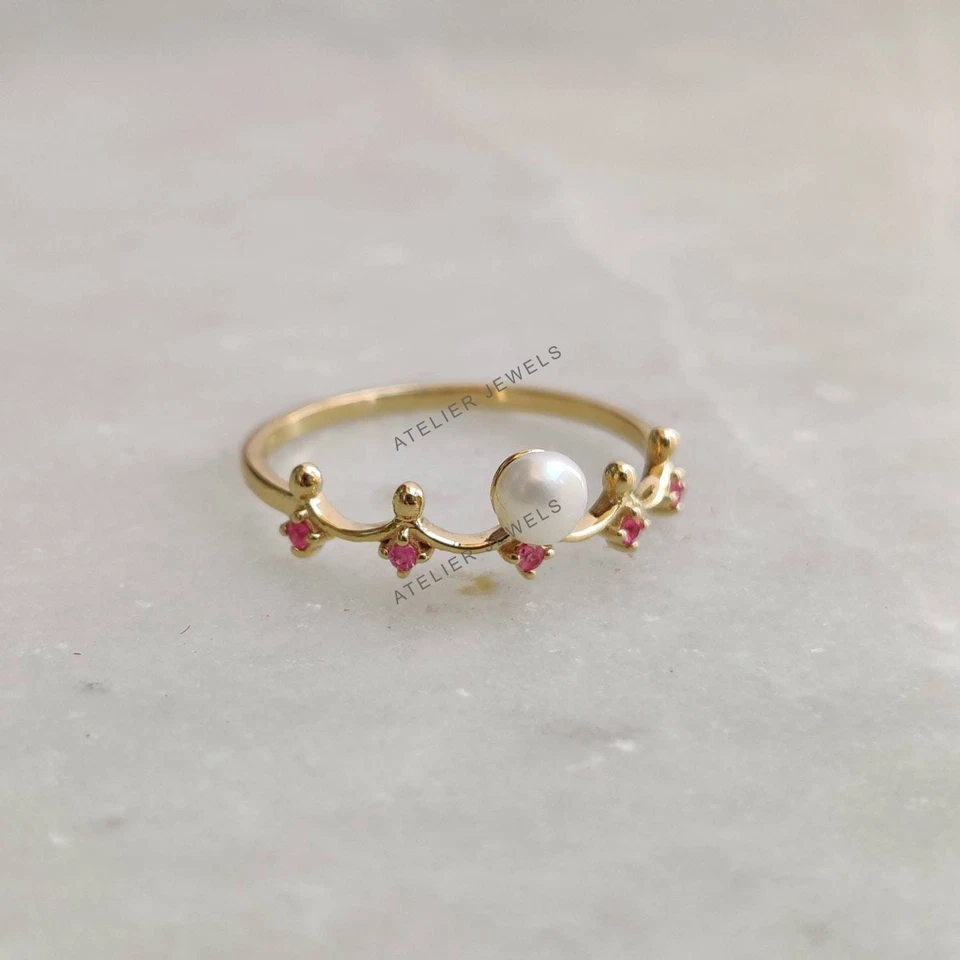 0.43 Ct Natural Pearl Ruby Band Ring 14K Gold Minimalist Birthstone Jewelry Gift - Image 2 of 4