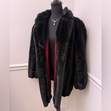Vintage Mob Wife Black chevron Faux Fur Coat oversized L Made in USA glam